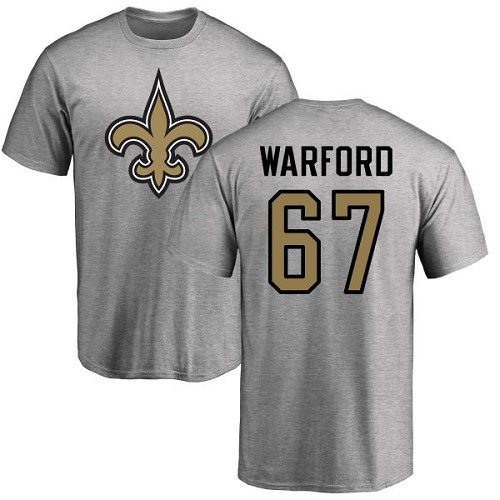 Men New Orleans Saints Ash Larry Warford Name and Number Logo NFL Football #67 T Shirt